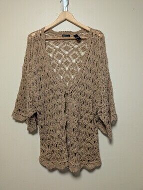 Moda International Crochet Knit Cardigan Medium Taupe Boho Beach Cover Up